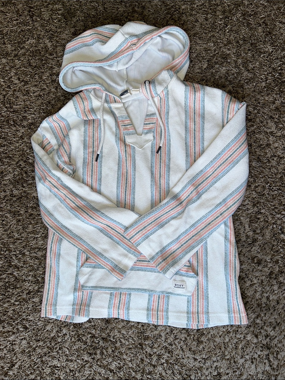 Roxy Call of The Ocean Baja Poncho Hoodie Blue & Pink Stripes - Women’s Small